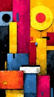 Abstract geometric composition with vibrant blocks of red, yellow, blue, pink, and black creating a modernist pattern reminiscent of constructivism art style.