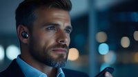 Confident businessman with beard wearing wireless earbuds in dark office environment illuminated by blue light, looking focused while working late hours.