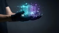 Male hand in black glove holding glowing holographic digital code interface with cyan and purple light effects on dark background for technology concepts.
