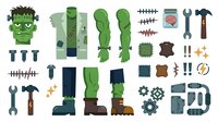 Young male monster character with green skin and stitched features, wearing brown boots and tattered clothing, shown with disassembled body parts and mechanical tools for game design and animation projects.