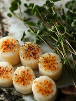 Seared sea scallops with caramelized tops and black pepper seasoning, arranged in line with fresh microgreens garnish on stone surface, macro food photography.