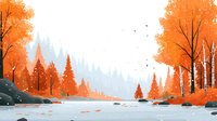 Serene autumn landscape with vibrant orange foliage, misty forest background, and tranquil river flowing through rocky terrain, perfect for seasonal nature themes.