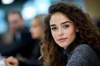 Young Mediterranean woman with curly brown hair and natural makeup smiling confidently while wearing gray turtleneck sweater against blurred background. Professional portrait.