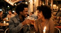 Happy African American couple toasting with beer glasses at cozy restaurant date night. Romantic dinner celebration with warm lighting and intimate atmosphere.