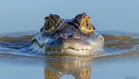 Close up portrait of young alligator head emerging from water surface with bright yellow eyes and detailed scales reflecting in calm water against blue background.