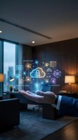 Businessman holding glowing digital network with security icons including cloud, encryption, and authentication symbols in modern office with city skyline view for cybersecurity concepts.
