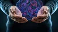 Businessman hands protecting glowing purple digital network connections with circular tech elements for cybersecurity and data protection concepts.
