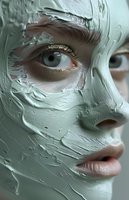 Close-up of face covered in mint green clay mask with glitter eye makeup detail, showing skin care and beauty treatment application for spa and wellness concept.