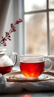Steaming cup of red tea with glass teapot and pink berries on windowsill, ideal for beverage, wellness, and home decor designs.