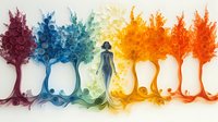 Artistic silhouette of woman walking through rainbow colored trees with swirling roots and branches in paper quilling style on white background.