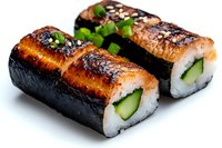 Fresh salmon and cucumber sushi rolls with nori seaweed wrap, garnished with green onion and teriyaki glaze on white background, close up view of Japanese cuisine.