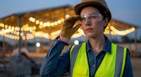 Female construction worker in safety gear and hard hat at illuminated construction site during evening hours with bokeh lights in background.