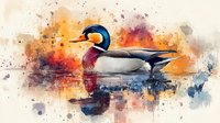 Male mallard duck swimming in calm water against vibrant watercolor splash background with orange and blue artistic effects creating dreamy autumn atmosphere.