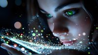 Young woman with glowing green eyes blowing magical sparkles and light particles from her hands against dark background with bokeh effects and mystical atmosphere.