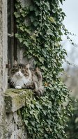Fluffy tabby cat sitting on moss-covered stone ledge surrounded by climbing ivy vines on rustic building wall creating charming countryside scene.