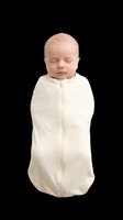 Newborn infant swaddled in cream sleep sack with eyes closed, isolated on transparent background. Ready for nursery designs, parenting blogs, baby product marketing, print-on-demand apparel, and childcare educational materials.