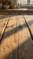 Rustic wooden table surface with natural grain and knots in warm kitchen setting with blurred background for product display and food photography.