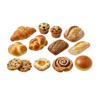 Assorted fresh baked goods including croissants, muffins, bread loaves, pastries and cookies isolated on white background for bakery, food and culinary design projects.