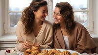 Young Hispanic women enjoying breakfast with croissants and coffee at home, sharing genuine laughter while sitting by window in cozy morning light.