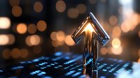Glowing metallic arrow pointing upward on illuminated digital keyboard with bokeh lights background, representing growth, success and technological advancement.