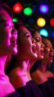 Young diverse women singing together at karaoke party with colorful neon lights and bokeh effects creating vibrant nightlife atmosphere. Perfect for entertainment promotion.