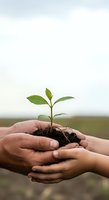 Adult and child hands holding young seedling with soil against blurred field background. Environmental conservation, sustainable growth, and eco-friendly agriculture concept for educational and commercial use.
