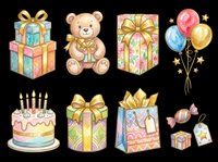 Colorful birthday party elements including wrapped gifts, teddy bear, balloons, cake with candles, and gift bag isolated on transparent background. Ready for t-shirt designs, clipart, stickers, sublimation, and print-on-demand projects.
