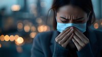 Asian woman wearing protective face mask coughing into hands against blurred city lights background during respiratory illness or flu season.