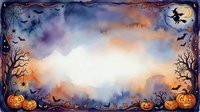 Halloween watercolor background with pumpkins, bats, witch silhouette and spooky trees creating atmospheric frame for seasonal designs and decorations.