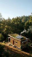 Tiny house on wheels with solar panels and green roof nestled in forest clearing, sustainable off-grid living solution for eco-conscious homeowners and minimalist lifestyle design projects.