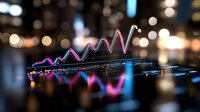 Glowing neon financial chart line graph showing market growth trends with blurred city lights bokeh background, modern business analytics visualization.