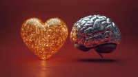 Glowing golden heart and metallic brain floating on red background illustrates emotional intelligence and mind-heart connection in decision making process.