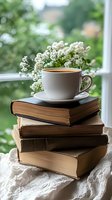 White coffee cup on stack of vintage books with baby breath flowers, lace tablecloth by window. Natural light creates cozy reading atmosphere.