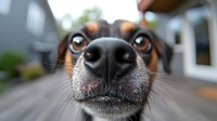 Close-up macro shot of dog nose and eyes, funny curious pet portrait with shallow depth of field focusing on wet black nose and whiskers.