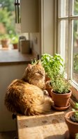 Orange tabby cat sitting by sunny window with potted herbs on wooden windowsill in cozy kitchen interior for home lifestyle and pet care concepts.