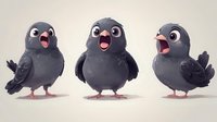 Three adorable cartoon baby crows with big eyes and orange beaks standing in different poses on neutral background for children design projects.