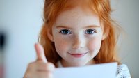 Young redhead girl with freckles and bright blue eyes showing thumbs up gesture while holding blank white paper sheet, expressing positivity and approval.