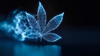 Glowing blue cannabis leaf created from light particles floating in dark space with smoke effects and water reflection, artistic digital concept.