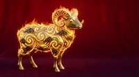 Golden ornate ram with decorative swirls and patterns on dark red background for Chinese New Year celebrations and zodiac designs.