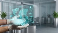 Scientist wearing latex gloves holding holographic world map with data analytics interface in modern laboratory environment for research and technology concepts.