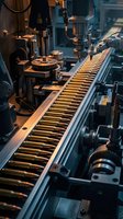 Industrial manufacturing machinery with precision gears and mechanical components in warm lighting for engineering and automation concepts.