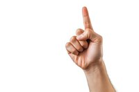 Male hand with raised index finger on white background, gesturing attention or making a point in business presentation or educational context.