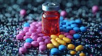 Red liquid medicine vial surrounded by colorful pharmaceutical pills and tablets on dark background, medical and healthcare concept for pharmacy industry.