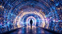 Businessman walking through futuristic digital tunnel with glowing data streams and network connections representing technology transformation.