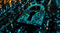 Digital padlock formed by glowing blue dots and particles on dark background with bokeh effect, representing cybersecurity and data protection concept.