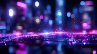 Glowing neon lights create magical atmosphere with pink and blue bokeh effect on dark background, defocused city lights reflection on wet surface.