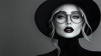 Young Caucasian woman wearing black hat and glasses with dark lipstick against gray background, dramatic black and white fashion portrait with elegant retro styling.
