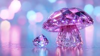 Crystal mushroom and gem on pink and blue bokeh background with magical dreamy atmosphere, fantasy nature concept for fairy tale designs and enchanted decorations.