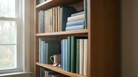 Wooden bookshelf filled with blue and green books near a sunlit window, with a mug and glasses on the shelf, cozy home library interior.