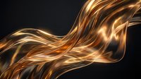 Flowing golden liquid metal waves with luminous highlights creating dynamic abstract motion against dark background for luxury design projects.